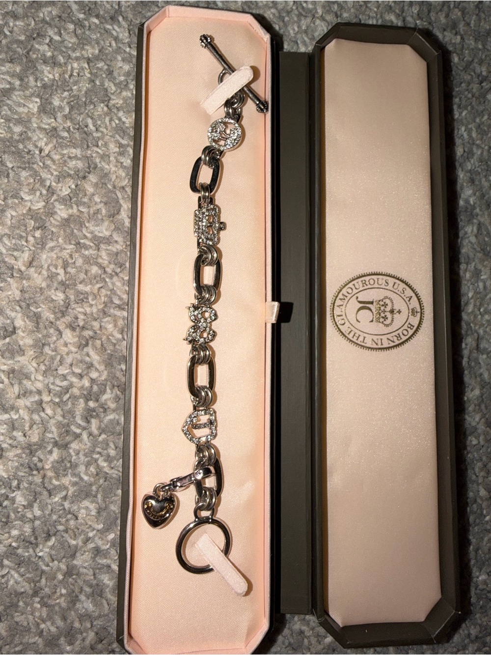 Vintage Juicy Couture Silver Crystal Charm Bracelet with Heart and Logo Charm - Picture 2 of 3